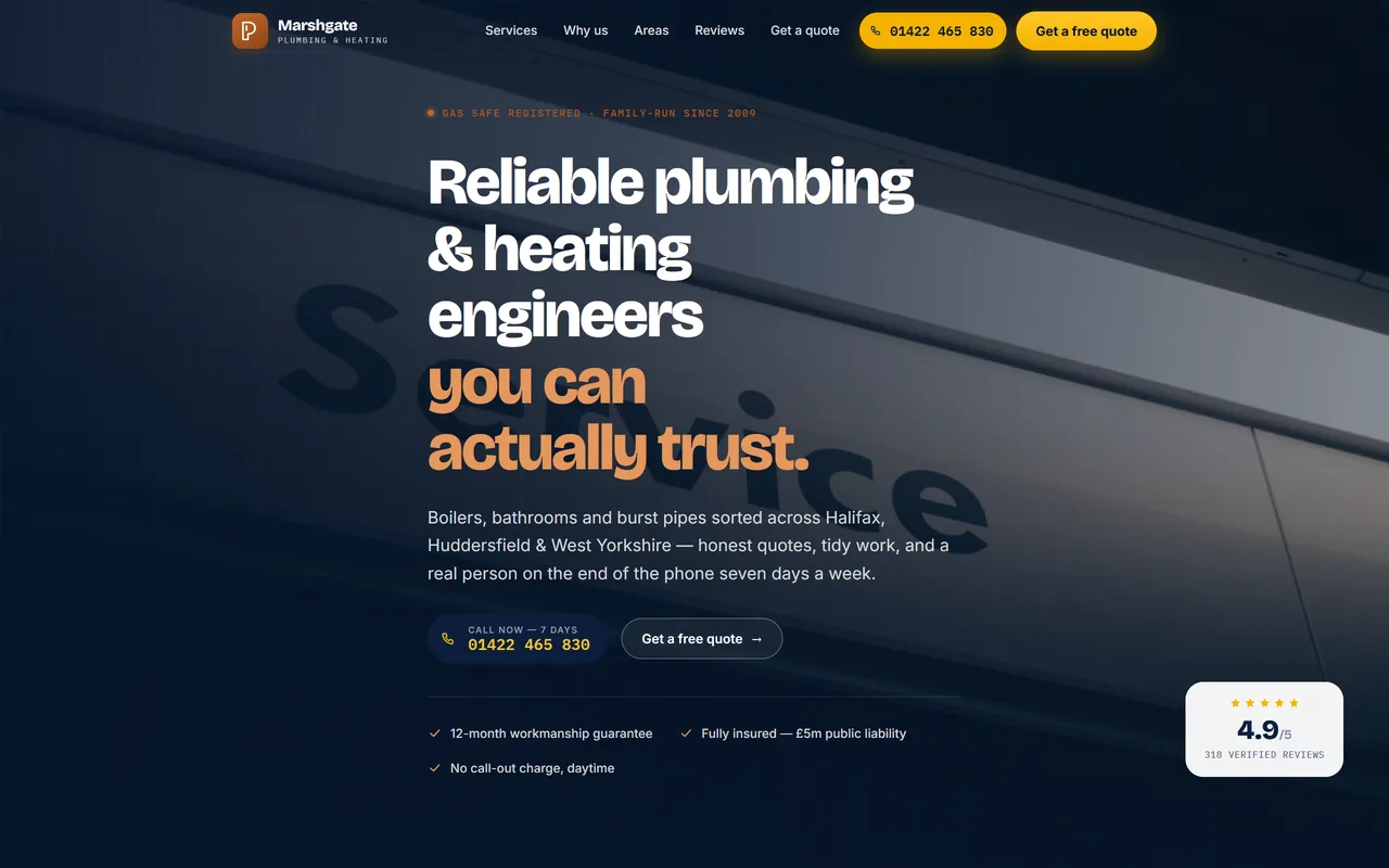 Marshgate Plumbing and Heating demo website homepage